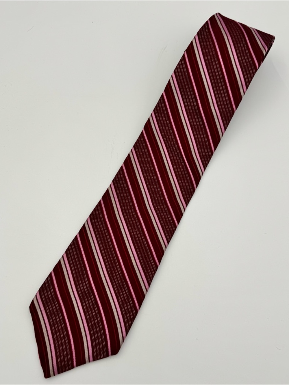 DKNY Tie Red, Burgundy & Pink Striped 100% Silk Made In USA Vintage 90’s Necktie